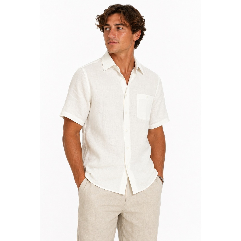 100% Linen Short Sleeve Button Up Shirt Mens S Ivory Coastal Resort Minimalist